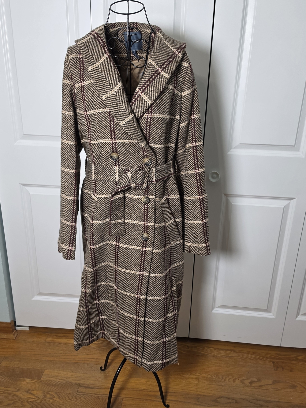 NWT ModCloth Brown Plaid Herringbone Belted Coat M